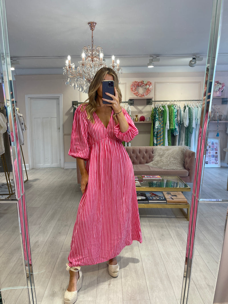 CALLIE CHEESECLOTH STRIPE DRESS PINK/RED