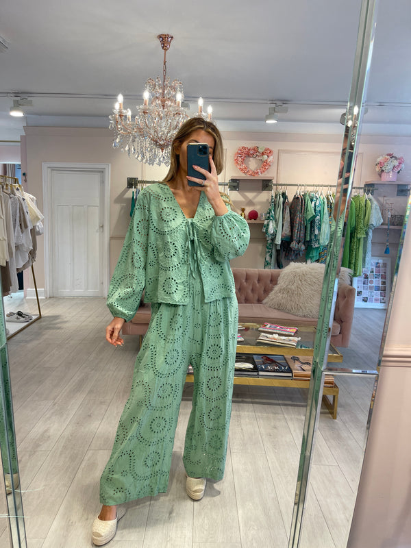 MARLA ANGLAISE JUMPSUIT AND TOP SET GREEN