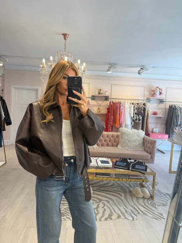 EMBER FAUX LEATHER BOMBER JACKET BROWN