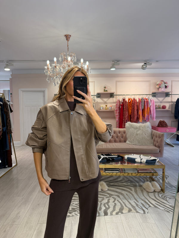 EMBER FAUX LEATHER BOMBER JACKET TAUPE
