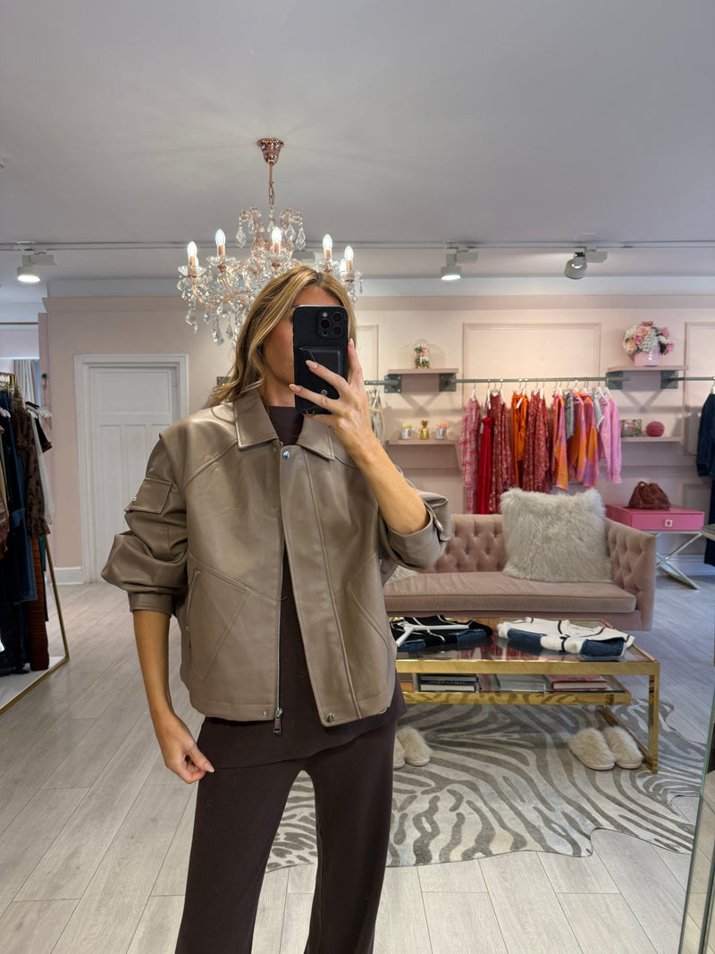 EMBER FAUX LEATHER BOMBER JACKET TAUPE
