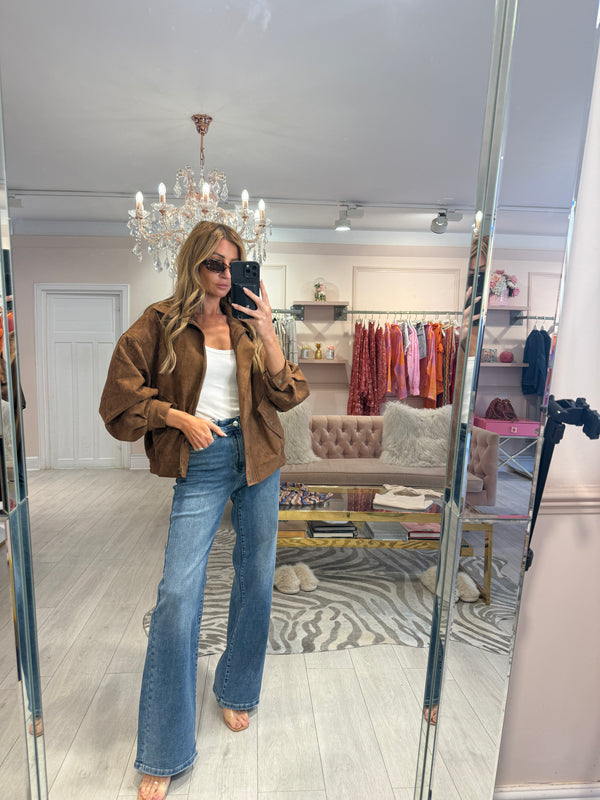 HAZEL FAUX SUEDE BOMBER JACKET BROWN