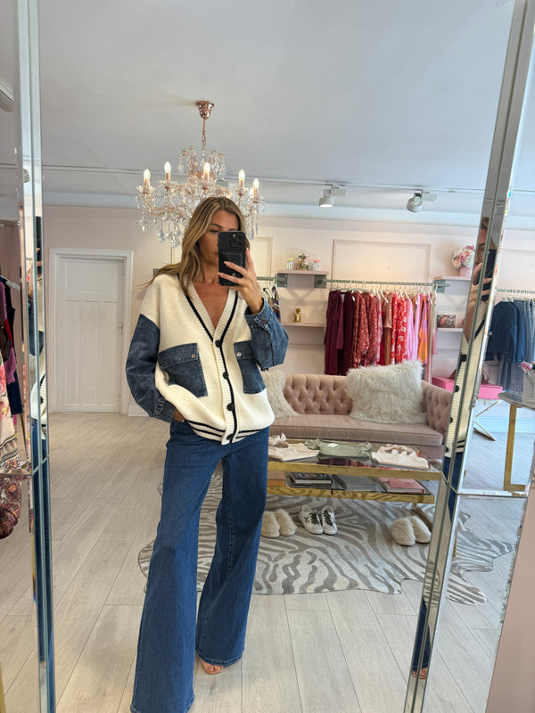 CASSIS DENIM TRIM BASEBALL JACKET CREAM