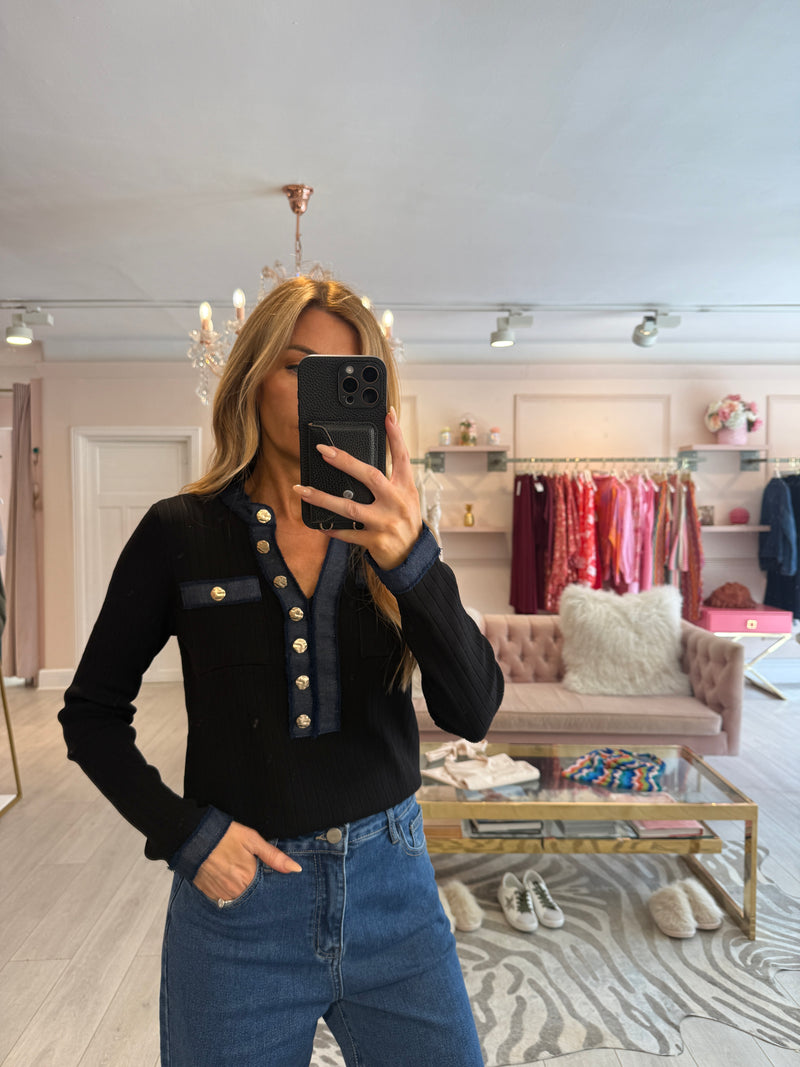 CALLIE DENIM TRIM TOP BLACK