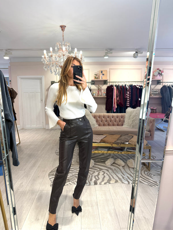 MARGOT FAUX LEATHER TAPERED TROUSERS BROWN