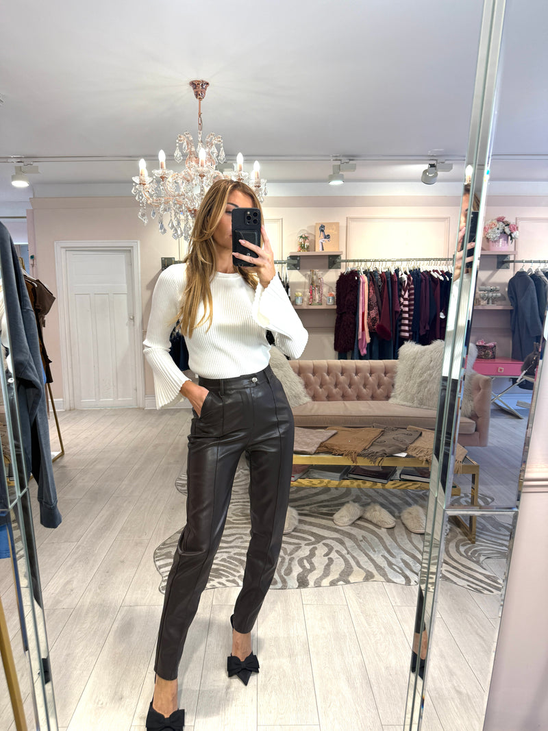 MARGOT FAUX LEATHER TAPERED TROUSERS BROWN