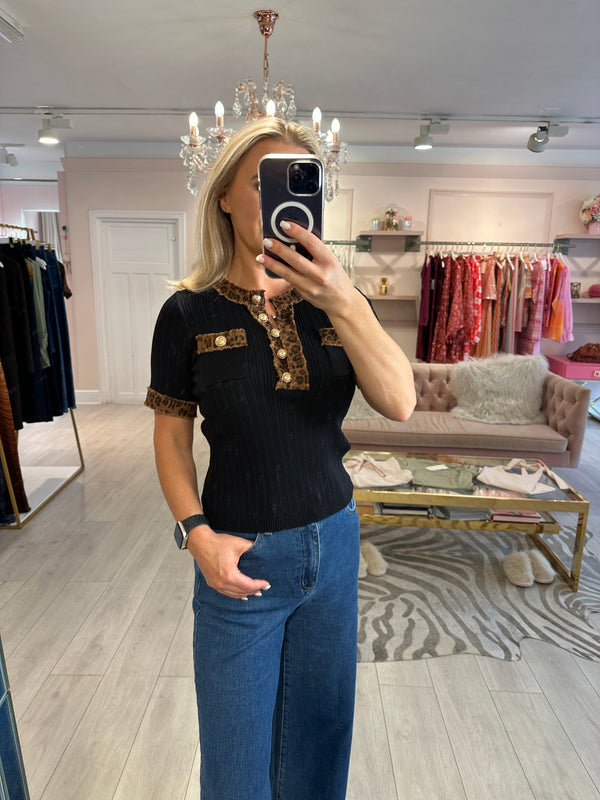 CARLA DENIM TRIM BLACK LEOPARD TOP