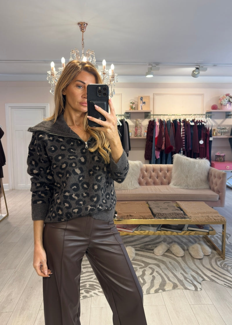 AMINA LEOPARD 1/4 ZIP JUMPER GREY