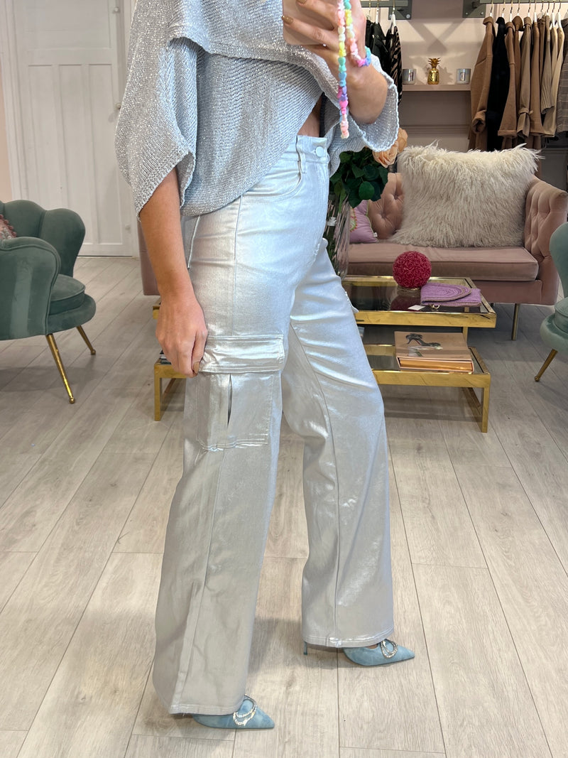 SILVER COATED STRAIGHT CARGO TROUSERS