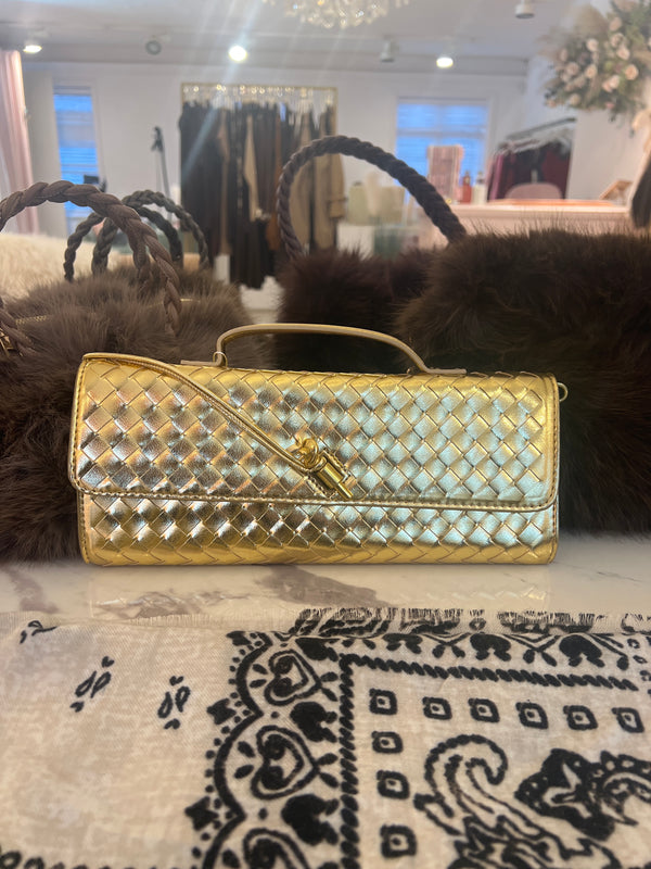 WOVEN CLUTCH BAG WITH HANDLE GOLD