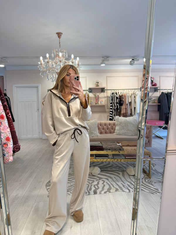 MABEL CONTRAST HOODED TRACKSUIT TAUPE w/brown pipe