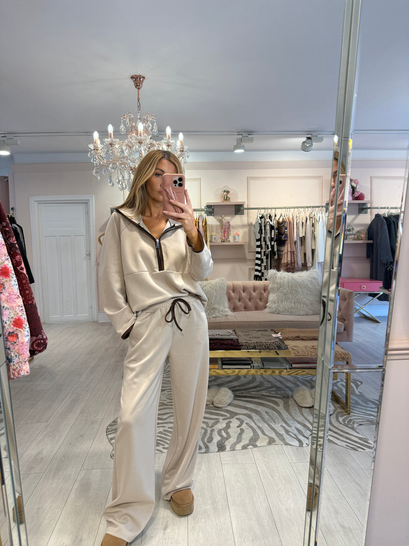 MABEL CONTRAST HOODED TRACKSUIT TAUPE w/brown pipe