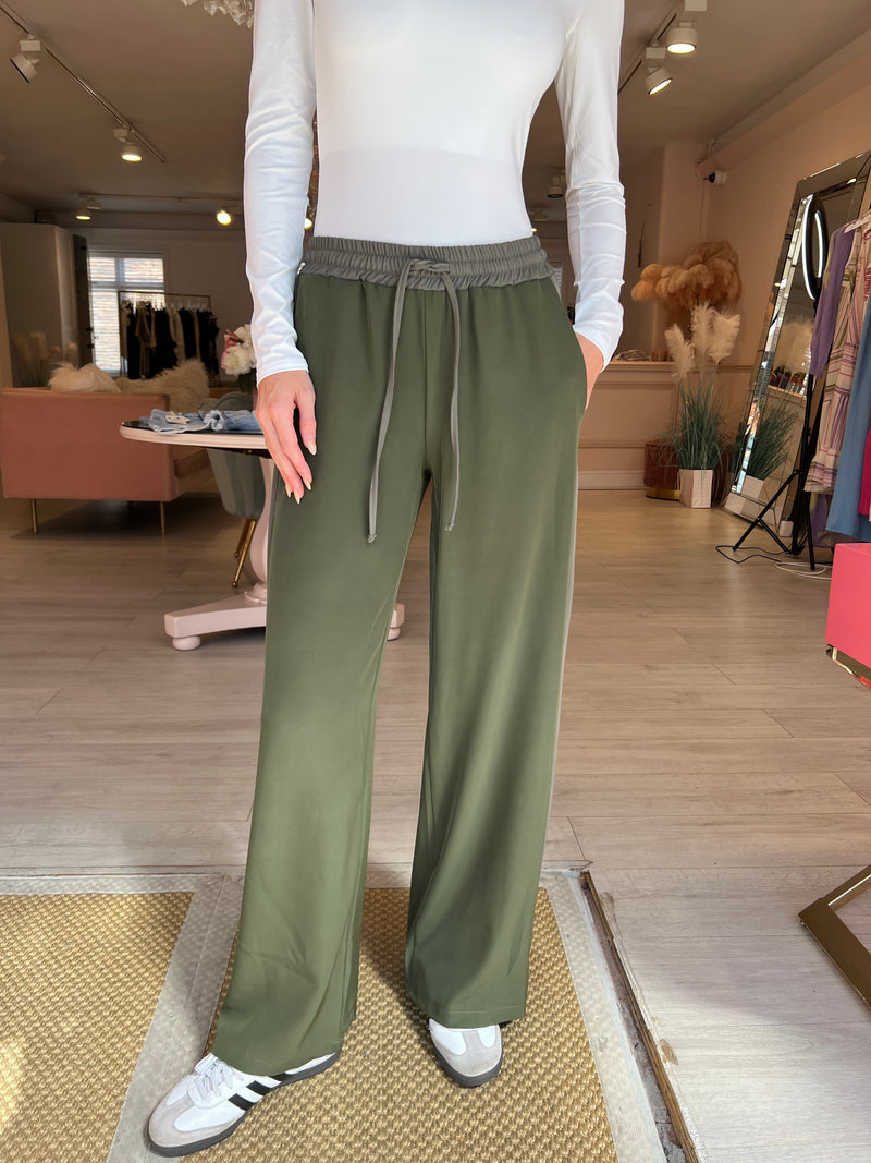 KHAKI TWO TONE WIDE LEG TROUSERS