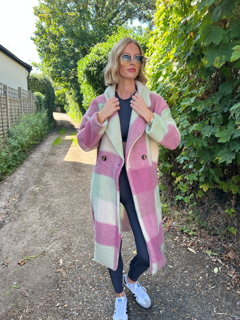 RAE MINT & PINK WOOL BLEND CHEQUERED DUSTER COAT