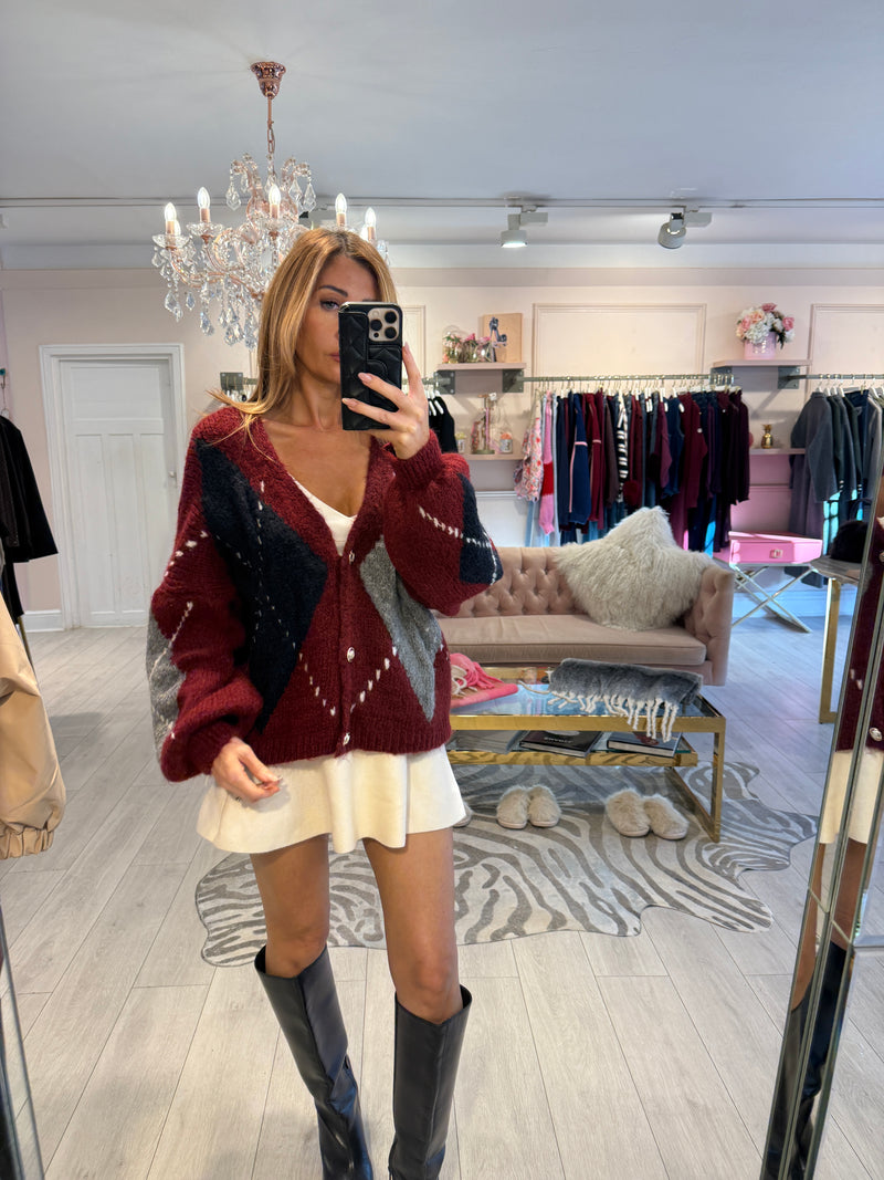 TARA WOOL MIX ARGYLE CARDIGAN WINE