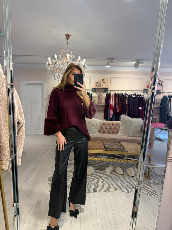 JESS FAUX FUR TRIM SLEEVE JUMPER BURGUNDY