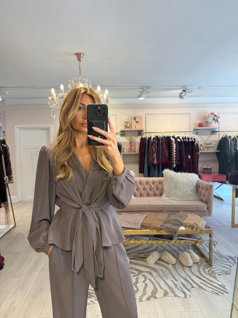 HOPE DRAPE TIE FRONT TROUSER SET DOVE GREY