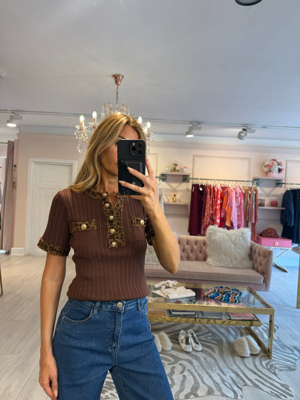 CARLA DENIM TRIM BROWN LEOPARD TOP