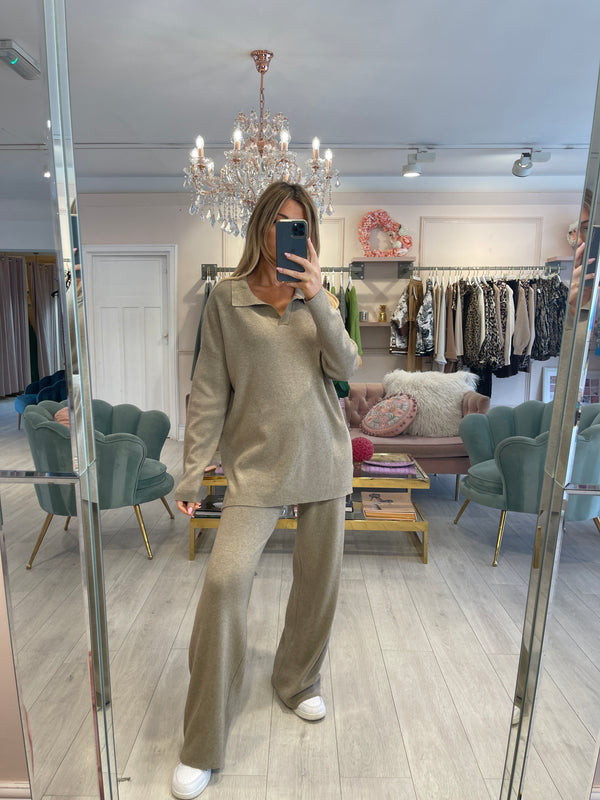 SOLENE KHAKI KNITTED TROUSER SET