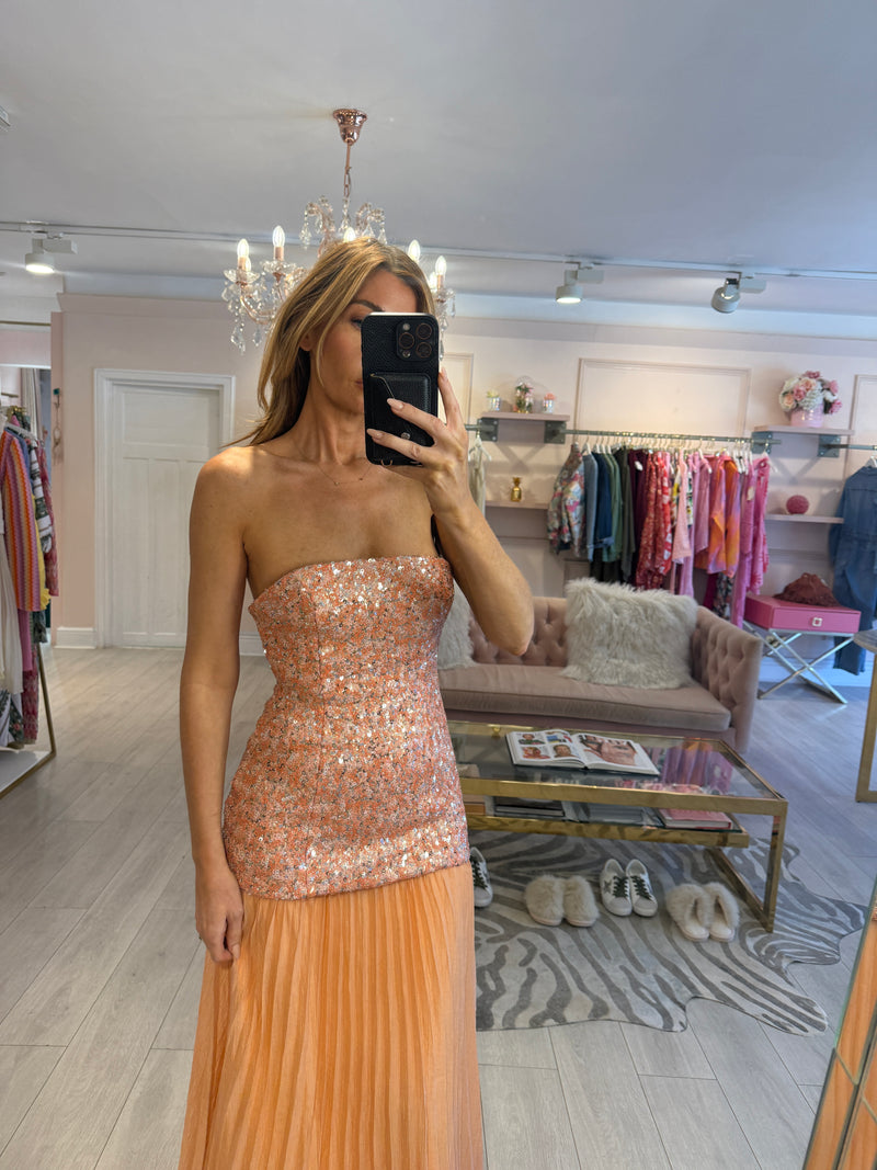 CARRIE SEQUIN CORAL CHIFFON BANDEAU DRESS