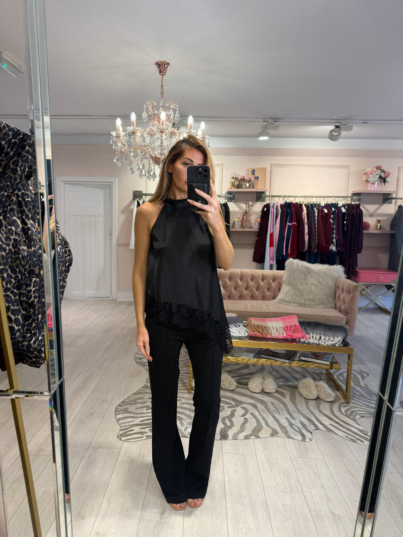 CAMILE SATIN HALTER NECK TOP BLACK