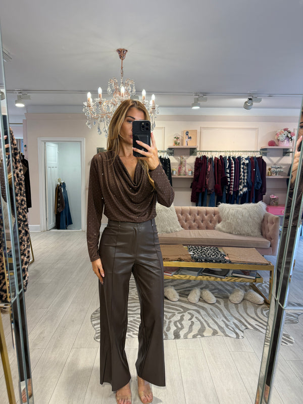 EFFIE CRYSTAL COWL NECK TOP BROWN