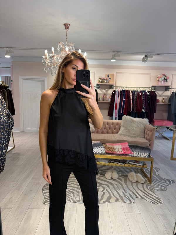 CAMILE SATIN HALTER NECK TOP BLACK