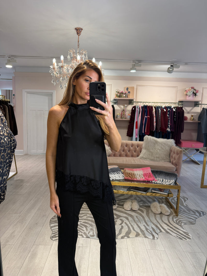 CAMILE SATIN HALTER NECK TOP BLACK