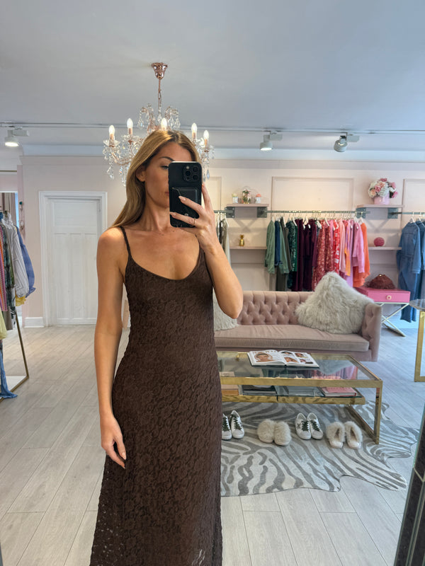 HAZEL LINED LACE MAXI DRESS BROWN