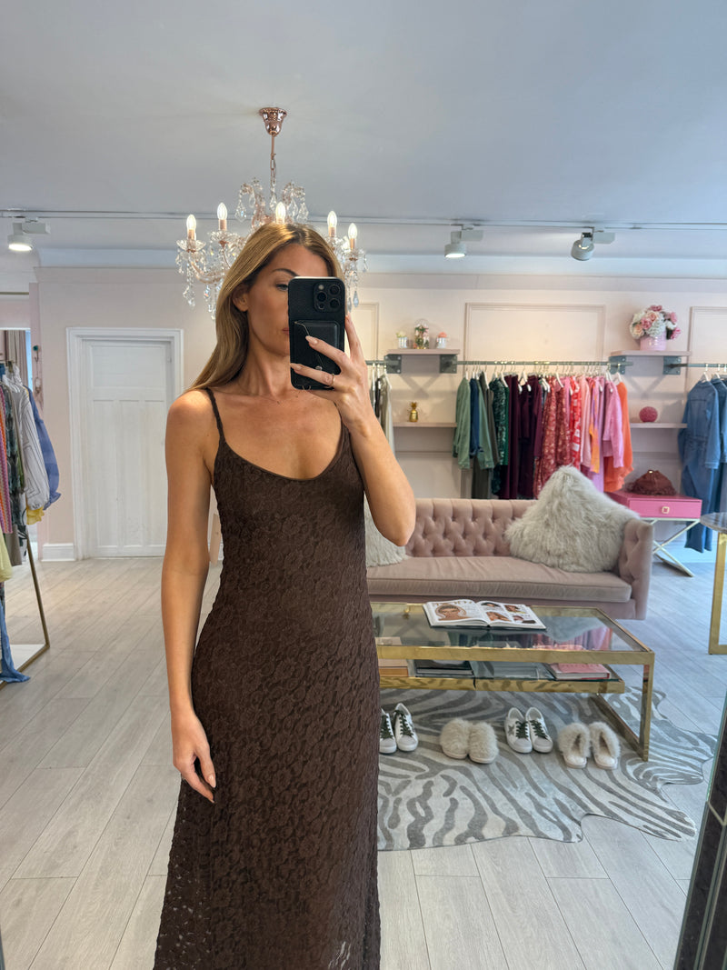 HAZEL LINED LACE MAXI DRESS BROWN