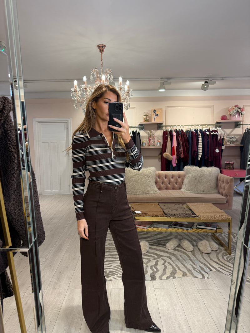 DELVINE RIBBED STRIPE BODYSUIT BROWN