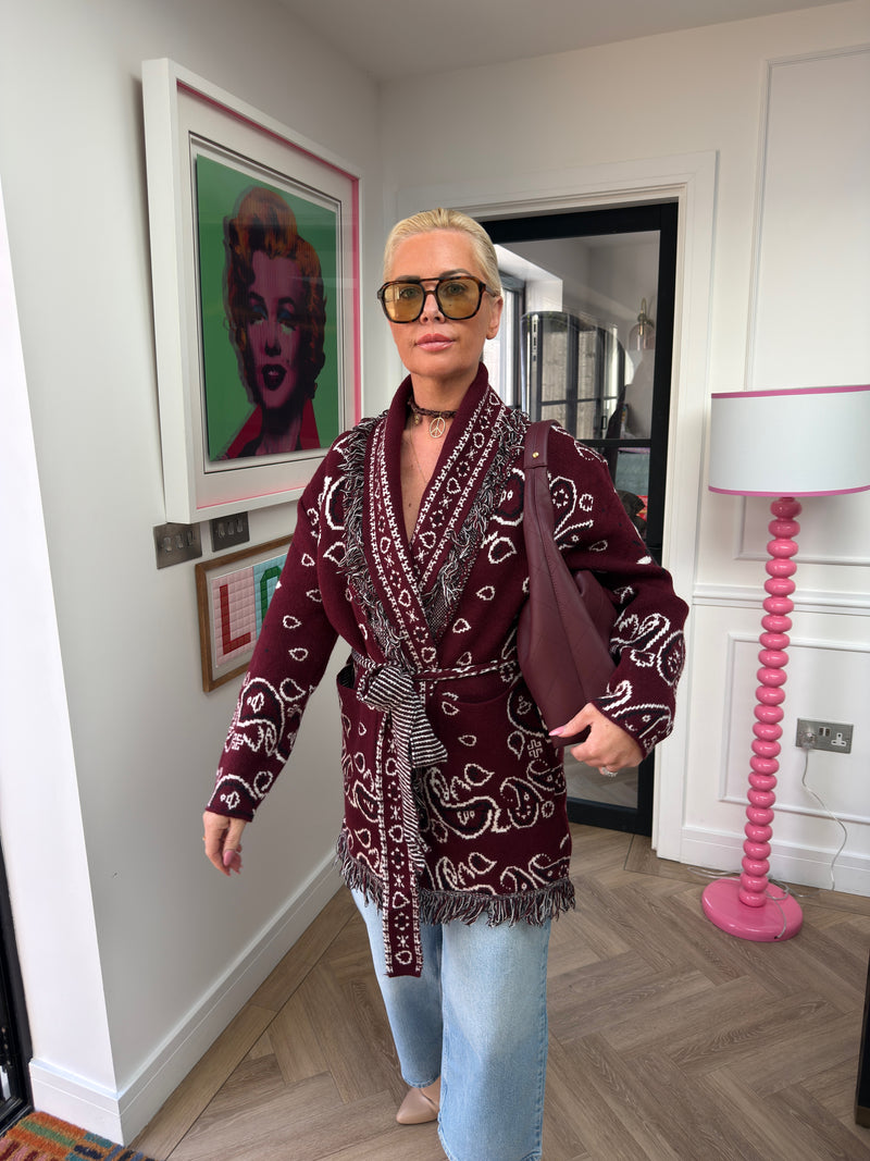 CADENCE SLEEVED PATTERNED CARDIGAN BURGUNDY