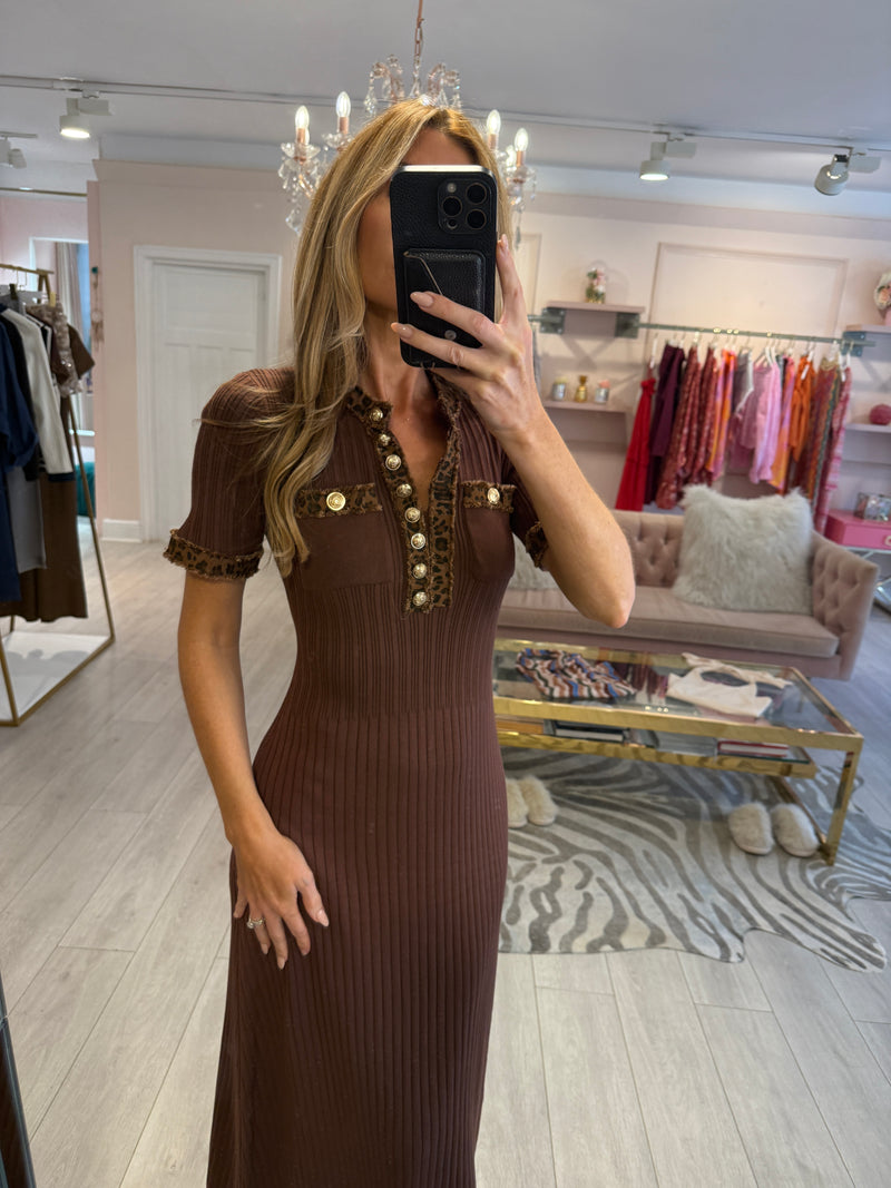 MAURA MIDI DENIM LEOPARD TRIM BROWN DRESS