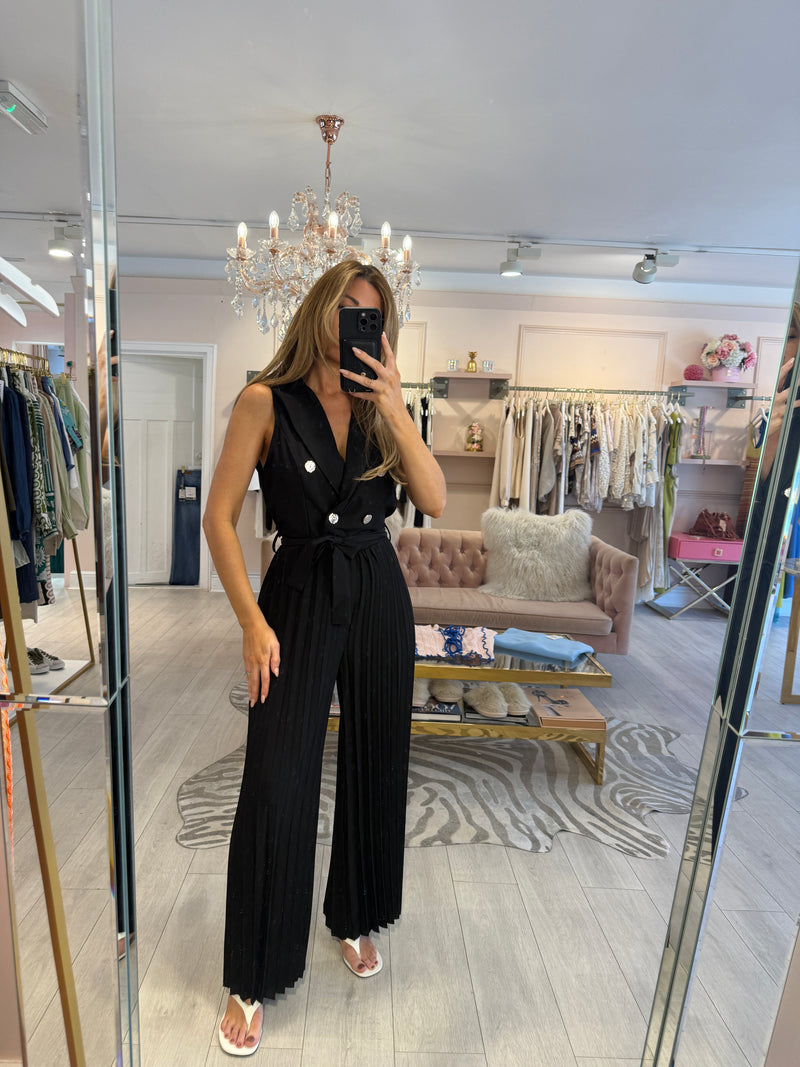 CHLOE PLEATED WIDE LEG BLAZER JUMPSUIT BLACK