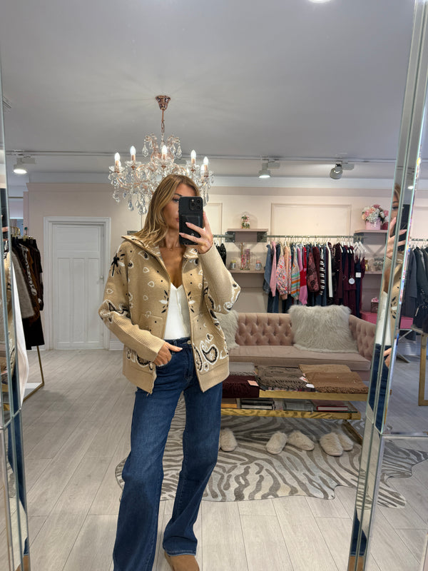 ISLA ZIP THROUGH PATTERNED CARDIGAN CAMEL