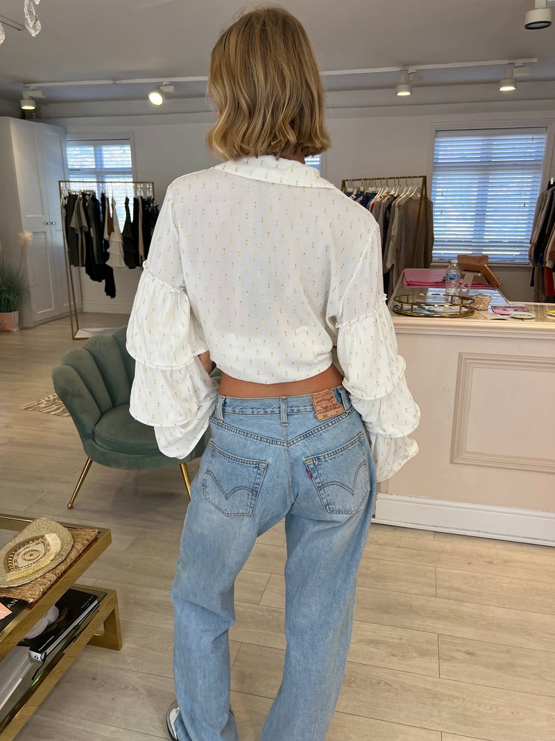 NELLIE LUREX THREAD TIERED SLEEVE BLOUSE IN WHITE