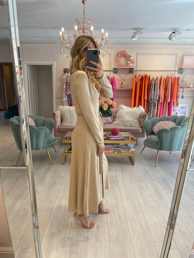 MILA BEIGE SLINKY MIDI DRESS WITH BELT