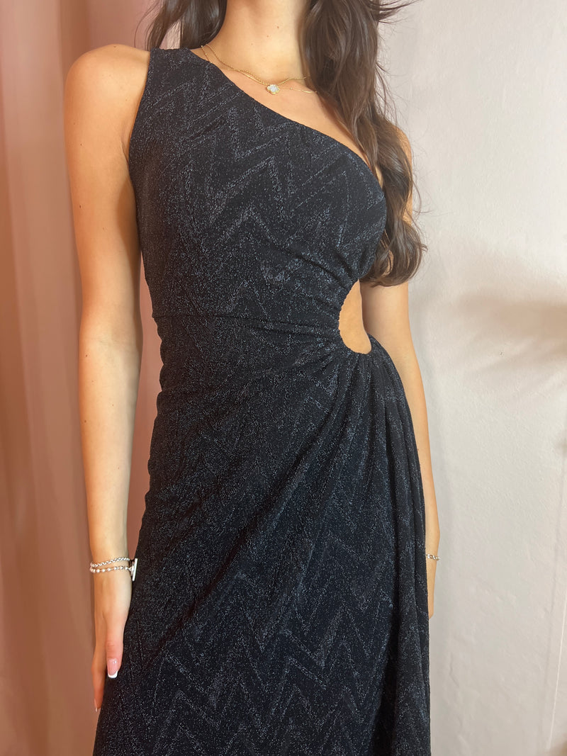 MEGAN ONE SHOULDER BLACK CHEVRON DRESS