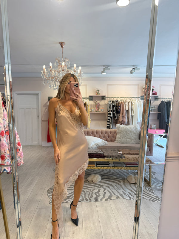 DANICA ASYMMETRIC LACE DRESS CHAMPAGNE