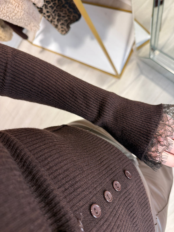 KELLY RIBBED TOP WITH LACE BROWN