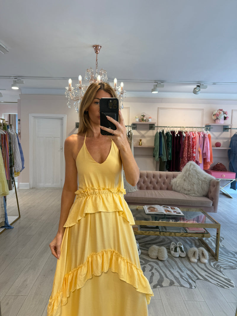 NORA RUFFLE HALTERNECK YELLOW MAXI DRESS