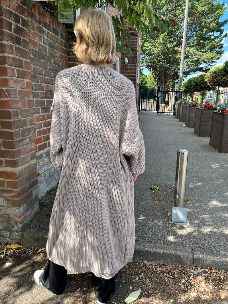 ALBA TAUPE BALLOON SLEEVE KNIT MAXI CARDI