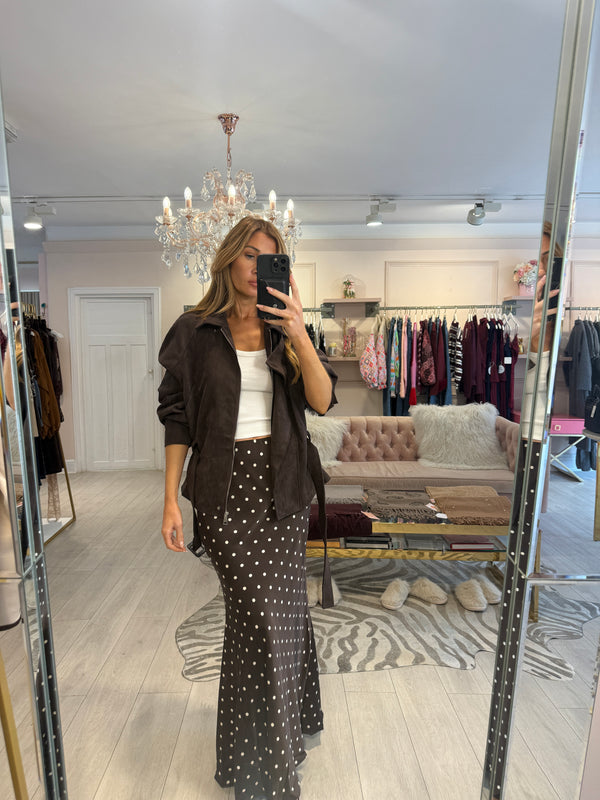ADDISON POLKA DOT SATIN MAXI SKIRT BROWN
