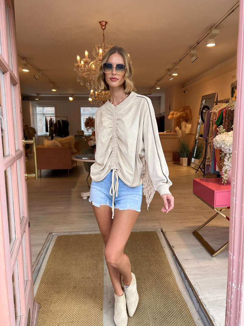 CASSIDY STONE SUEDE EFFECT FRINGE TOP