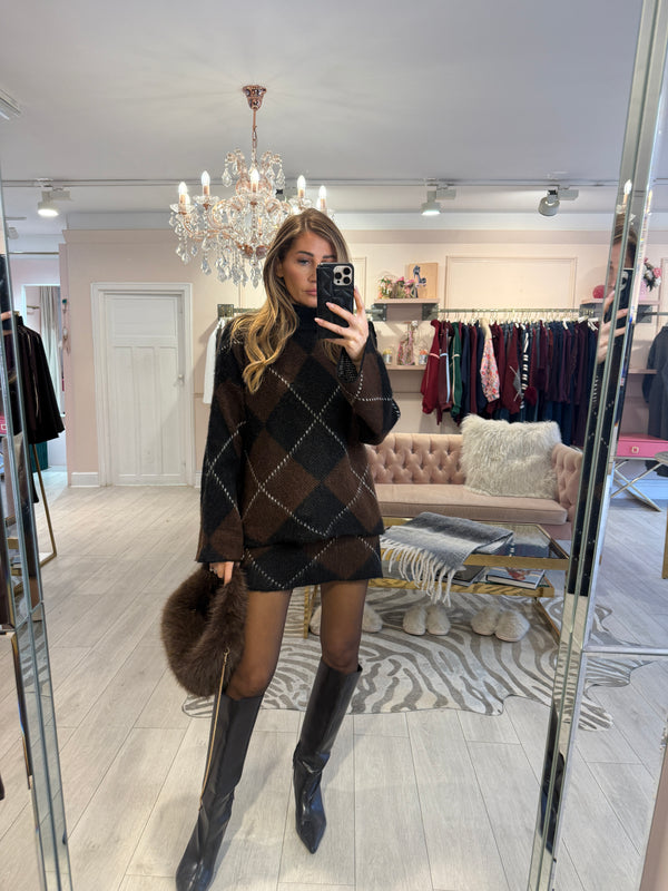 FREYA ARGYLE KNIT SKIRT SET BROWN BLACK PRE ORDER 9.12.25