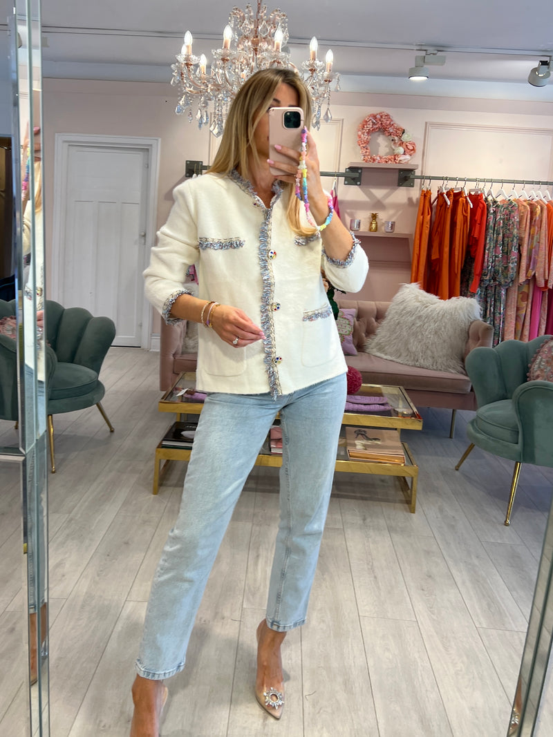MILLIE WHITE CARDIGAN WITH FRINGE DETAIL