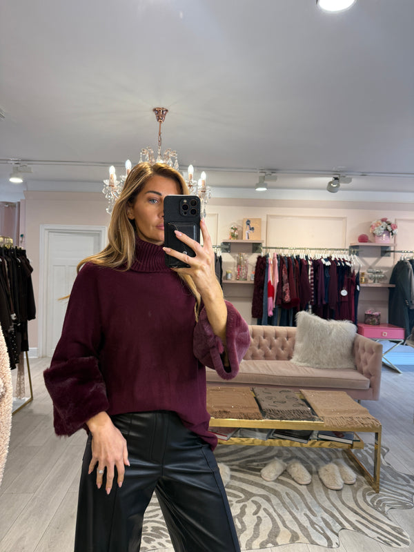 JESS FAUX FUR TRIM SLEEVE JUMPER BURGUNDY