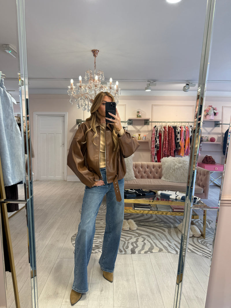 EMBER FAUX LEATHER BOMBER JACKET TAN