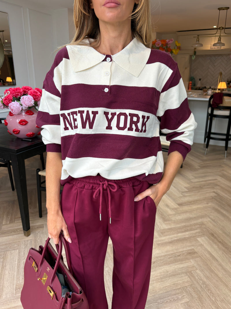 NEW YORK STRIPE JUMPER & JOGGER SET BURGUNDY