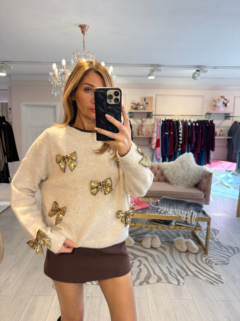 NATALIE SEQUIN BOW JUMPER OATMEAL